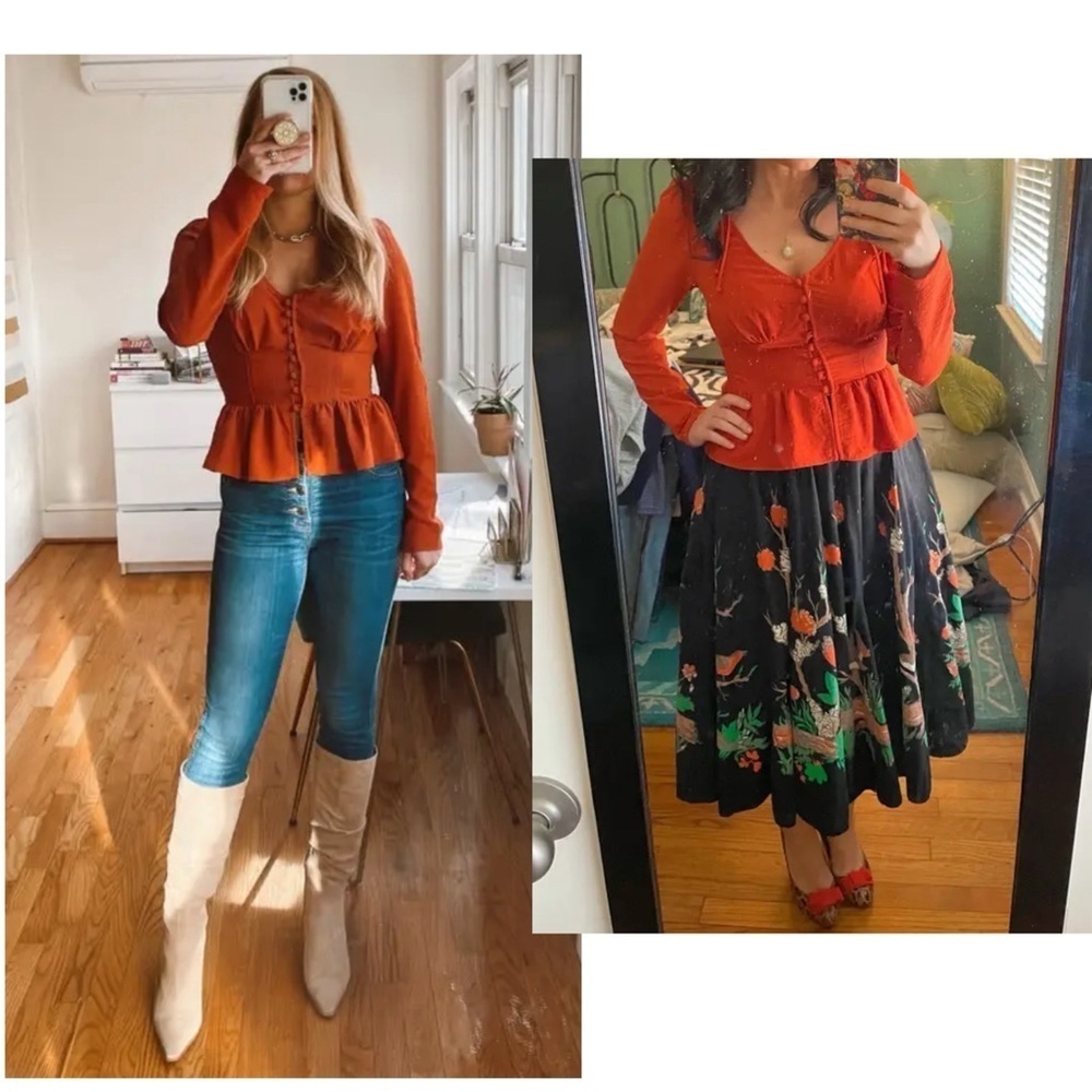 Louna Designer Blouse Red Orange Ruffle Hem Cinched Waist Long Sleeve Sz XS - Picture 5 of 9
